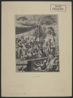 Crowd scene with raised dias, upon which are seated three old men in front of a row of women