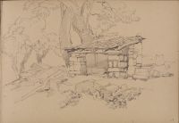 Shelter or lean-to, with trees, background