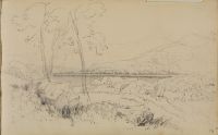 Landscape with rocks and trees foreground, lake or river, middleground, moutainous, background
