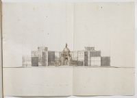 Front elevation of an urban design project in Rome showing a centrally placed domed church flanked symmetrically by palatial  edifices