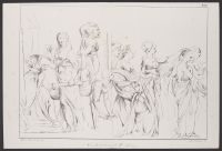 A group of mainly female figures, some being led away
