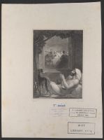 Reclining man with dog prays outside a window, while inside a feast with musicians and nobles takes place