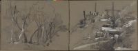 Rocky hillside with stream and sluice gates ; Trees