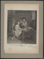 A Woman seated at a Table and a Man tuning a Violin