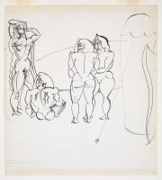 Figures at a beach house