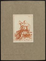 Two seated soldiers, one wearing a helmet and leaning on a pike  or halberd