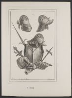 Three views of a head-piece, an ancient pertuisan, a sword and a hammer of arms