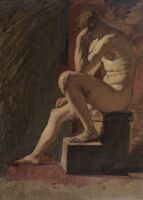 Seated Male Nude, Head resting against Hand, left Foot resting  on Block (recto)