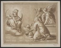 Virgin and child atop a crescent with two saints
