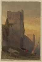 Hilltop castle with Norman towers, and cattle at sunset