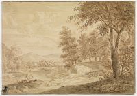 Wooded landscape with stream and oxcart on road