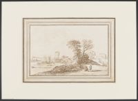 Landscape with two figures, a lake and a tower