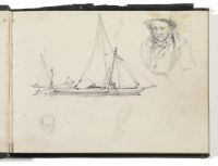 A sailing boat ; detailed study of a man's head, and slight study of a man's head