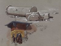 Sheet of studies. Top: fallen and broken columns Bottom: shrine with sculpture representing bishops? (recto)