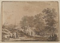Landscape with cottage and figures at the side of a road