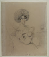 Portrait of a lady, seated, half turned to left, with a small dog on her lap - Mrs Henry Bowles (?)
