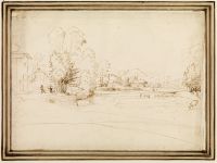 Sweep of a river with fishermen and a town in the background (View of Florence)