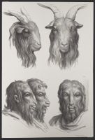 Three male human heads and two goat heads