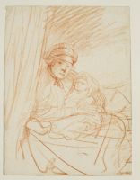 Saskia sitting up in bed, holding a child (possibly her first child, Rumbartus)