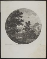 Landscape with trees and figures in the foreground and a river and buildings in the distance