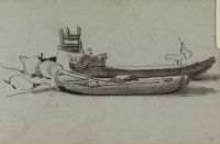 Two flat boats, and baskets, containers etc on the shore (distant boat and containers studied from another vantage point on p. 13)