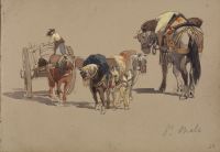 Sheet of studies, L to R: Horse and cart with drover loading barrel; a group of three pack-horses viewed from the front; pack-horse viewed from the rear