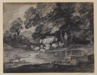 Wooded landscape with herdsman, cows and sheep drinking from a pond (recto)