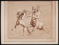 Nude male fighting a centaur