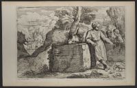 Landscape with three children and a young woman feeding some chickens