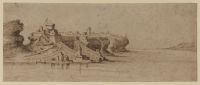 Coast landscape, with a walled town on a cliff