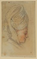 Head of woman wearing a large cap, in profile, turned to right