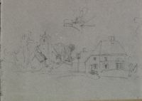 A village with church and inn. Small sketch of a roof and trees above