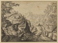 Mountain landscape with winding path and figures