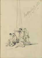 Men seated and leaning at base of an obelisk (?)