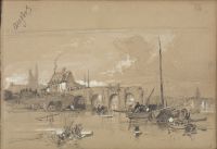 River scene, with broken bridge and town, background, and fishing vessels, foreground