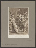 Scene from Resurrection of Lazarus: back view of a female kneeling figure, looking right at two men kneeling on a bench and a crowd behind them