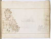 Carapecchia's Pratica delle machine de'Teatri. Perspective  drawing of an outdoor scenario with figures and buildings