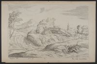 Landscape with a pilgrim filling a cup with water from a spring