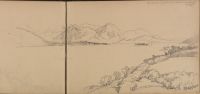 Panoramic view over lake ringed by mountains