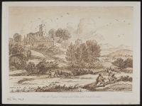 Landscape with a figure confronted by an angel in the foreground, with cattle and a herdsman and a castle behind (Hagar and the Angel?)