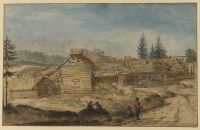Scandinavian landscape, with log huts, and figures on a road
