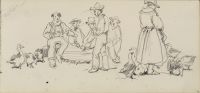 Group of seated men with standing woman feeding geese or ducks