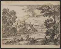 Landscape with buildings including a castle and a church in a setting of lakes and mountains