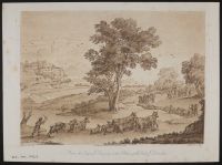 Landscape with a shepherd leading herd of goats and cattle across a river