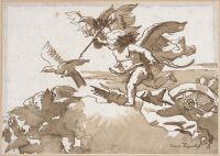 Blindfolded Cupid with winged putti, doves and a chariot