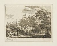 Landscape with cottage and figures at the side of a road