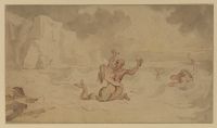Two mermaids and a bather by the seashore