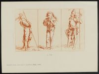 Three studies of soldiers, first with a staff, second in a  turban leaning on a sword, third with a pike or halberd