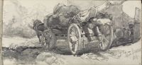 Horse-drawn waggon, loaded with tree trunks, viewed from rear