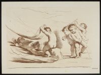 Sleeping boy being awakened by four boys, one with an arrow